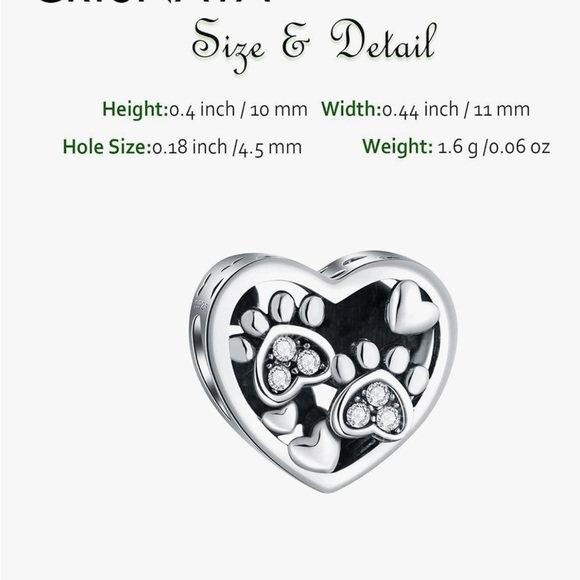 Paw prints love Sterling silver cat dog puppy heart slide charm w/ diamond paws - Picture 3 of 3